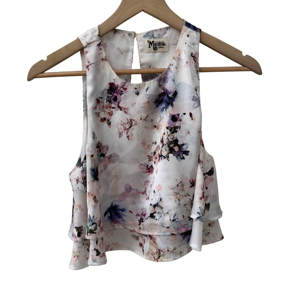 Show Me Your Mumu Crop Top Small White Floral Tiered Ruffle Sleeveless Boho